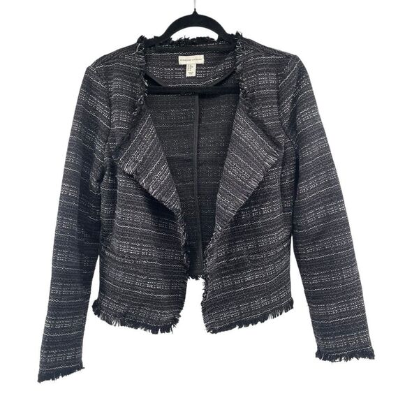 Adrienne Vittadini Women’s Medium Black White Open Front Tweed Fringe Blazer - Picture 14 of 14